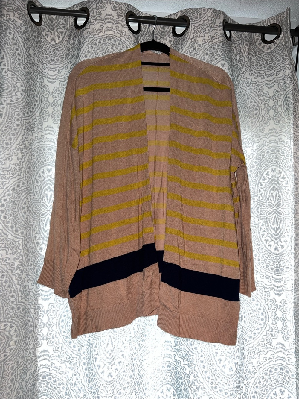 Annabella Beige Cardigan with Yellow Stripes and Black Hem